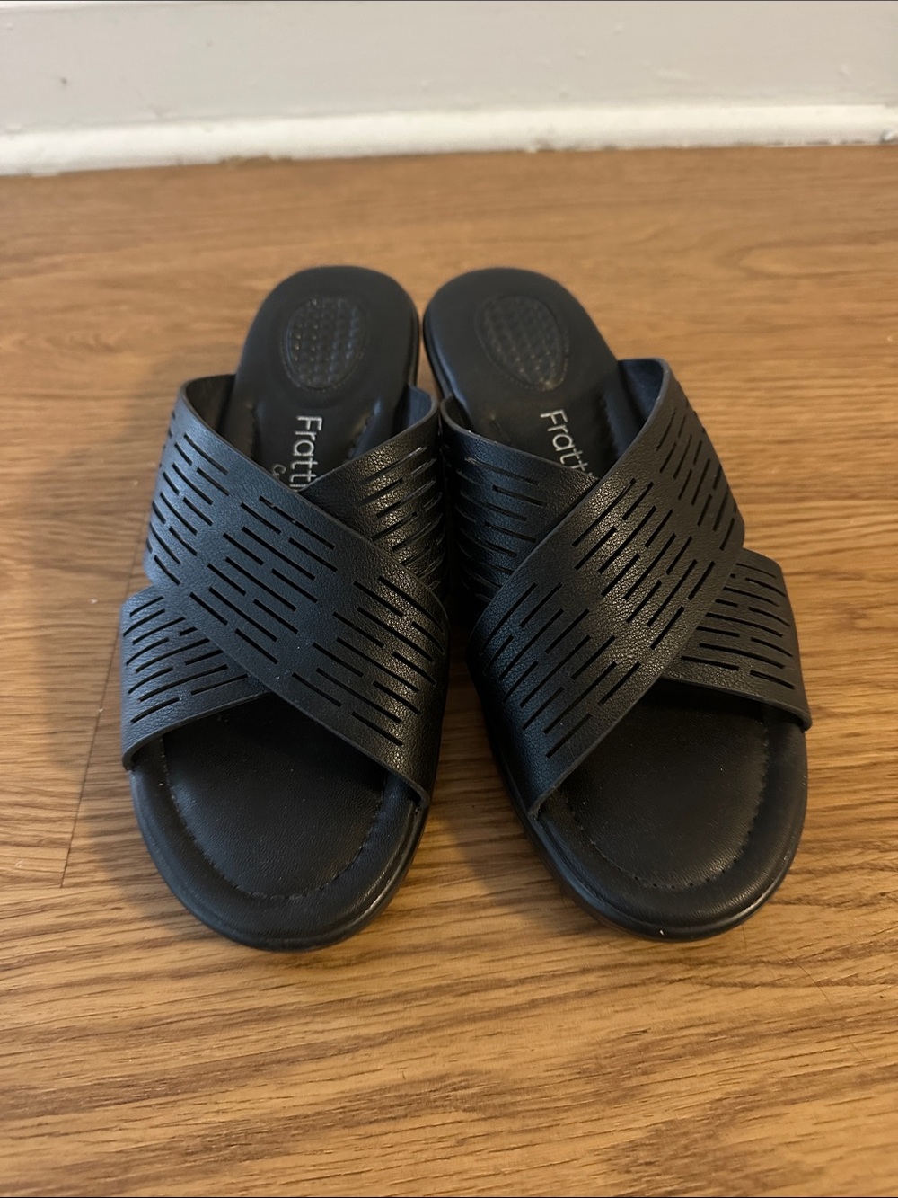 Black Laser-Cut Crossband Slide Mules for Women size 8